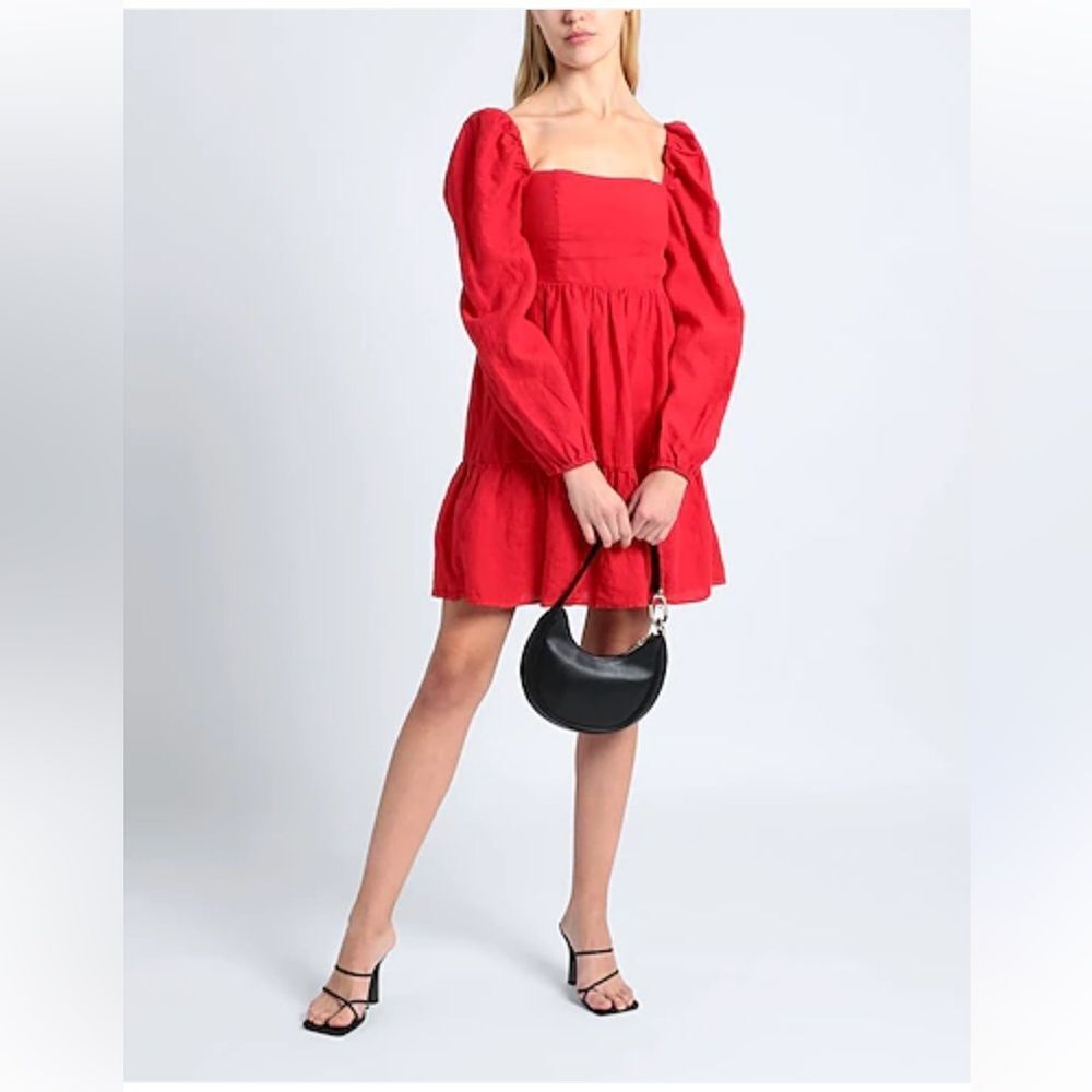 & Other Stories 100% Linen Puff Sleeve Mini Dress Red Womens Size 6